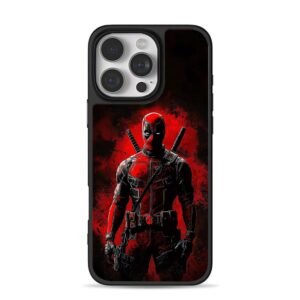 Deadpool with two katanas on dark red grunge backdrop iPhone 16 Pro Max Black Case