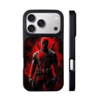 Deadpool with two katanas on dark red grunge backdrop iPhone 17 Pro Max Black Case