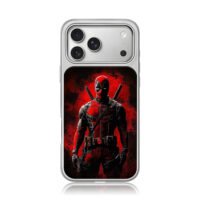 Deadpool with two katanas on dark red grunge backdrop iPhone 17 Pro Max Electroplated Silver Case1