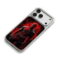 Deadpool with two katanas on dark red grunge backdrop iPhone 17 Pro Max Electroplated Silver Case2