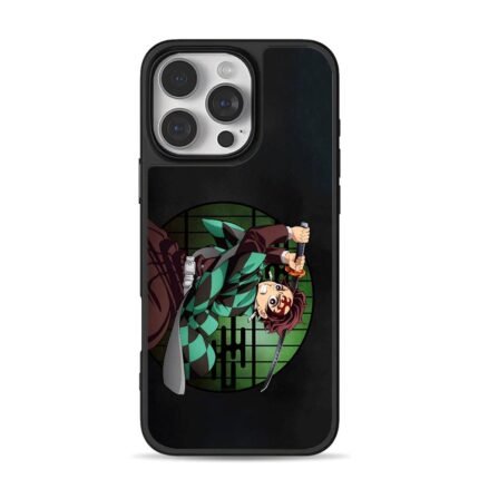Demon Slayer Tanjirou holding katana green circle iPhone 16 Pro Max Black Case