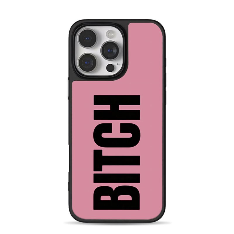 Vertical black BITCH on pink iPhone 16 Pro Max Black Case
