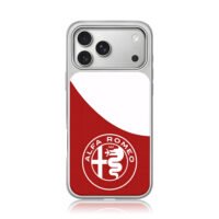 Alfa Romeo logo on red white split background iPhone 17 Pro Max Electroplated Silver Case1