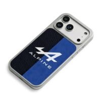 Alpine logo blue black leather iPhone 17 Pro Max Electroplated Silver Case2