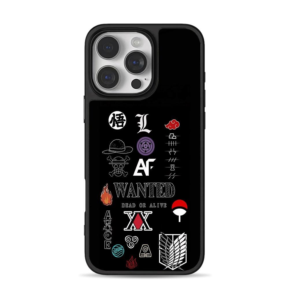 Anime logos OP Naruto L Goku iPhone 16 Pro Max Black Case Anime logos OP Naruto L Goku iPhone 16 Pro Max Black Case