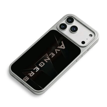 Avengers metal text on split black iPhone 17 Pro Max Electroplated Silver Case2