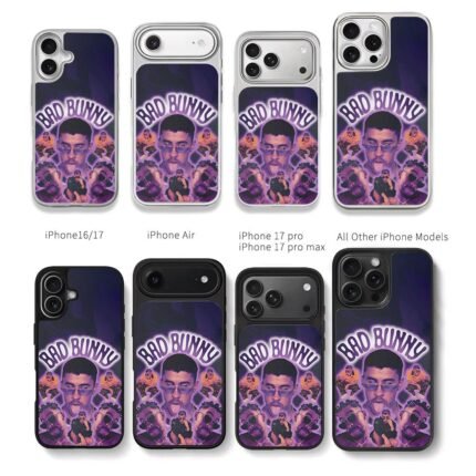 Bad Bunny collage purple text Chris Brown Phone Case Black Electroplated Silver For Iphone 11 To 17