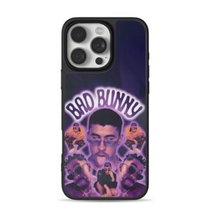 Bad Bunny collage purple text iPhone 16 Pro Max Black Case