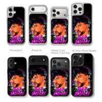 Bad Bunny neon portrait pink text Chris Brown Phone Case Black Electroplated Silver For Iphone 11 To 17
