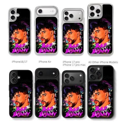 Bad Bunny neon portrait pink text Chris Brown Phone Case Black Electroplated Silver For Iphone 11 To 17