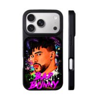 Bad Bunny neon portrait pink text iPhone 17 Pro Max Black Case
