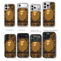 Bape x MCM camo ape head print Chris Brown Phone Case Black Electroplated Silver For Iphone 11 To 17