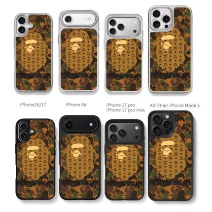 Bape x MCM camo ape head print Chris Brown Phone Case Black Electroplated Silver For Iphone 11 To 17