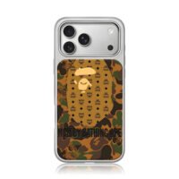 Bape x MCM camo ape head print iPhone 17 Pro Max Electroplated Silver Case1