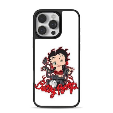 Betty Boop on motorcycle text iPhone 16 Pro Max Black Case