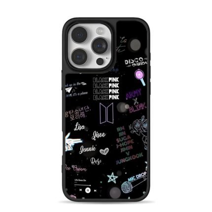 Blackpink BTS logos member names iPhone 16 Pro Max Black Case