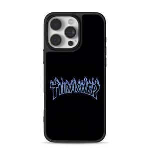 Blue flame Thrasher skate logo iPhone 16 Pro Max Black Case