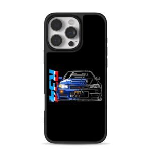 Blue Nissan R34 GTR drift car iPhone 16 Pro Max Black Case