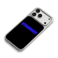 Blue STARBOY text on black iPhone 17 Pro Max Electroplated Silver Case2