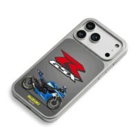 Blue Suzuki GSX R750 and GSXR logo iPhone 17 Pro Max Electroplated Silver Case2