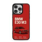 BMW E30 M3 red sportscar with specs iPhone 16 Pro Max Black Case