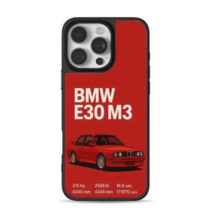 BMW E30 M3 red sportscar with specs iPhone 16 Pro Max Black Case