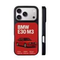 BMW E30 M3 red sportscar with specs iPhone 17 Pro Max Black Case
