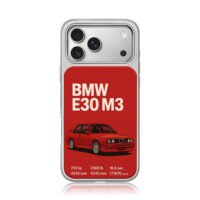 BMW E30 M3 red sportscar with specs iPhone 17 Pro Max Electroplated Silver Case1
