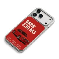 BMW E30 M3 red sportscar with specs iPhone 17 Pro Max Electroplated Silver Case2