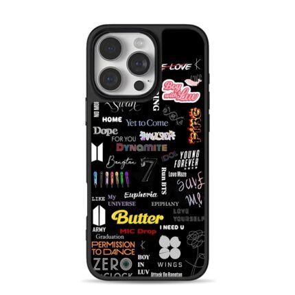 BTS ARMY song titles on black iPhone 16 Pro Max Black Case
