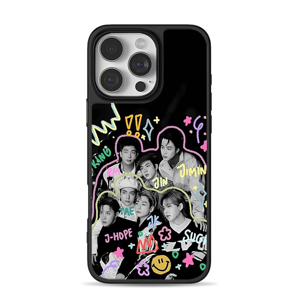 BTS OT7 with colorful doodles iPhone 16 Pro Max Black Case BTS OT7 with colorful doodles Phone Case for iPhone 11-17 & Samsung Galaxy S24-S26 - Image 1