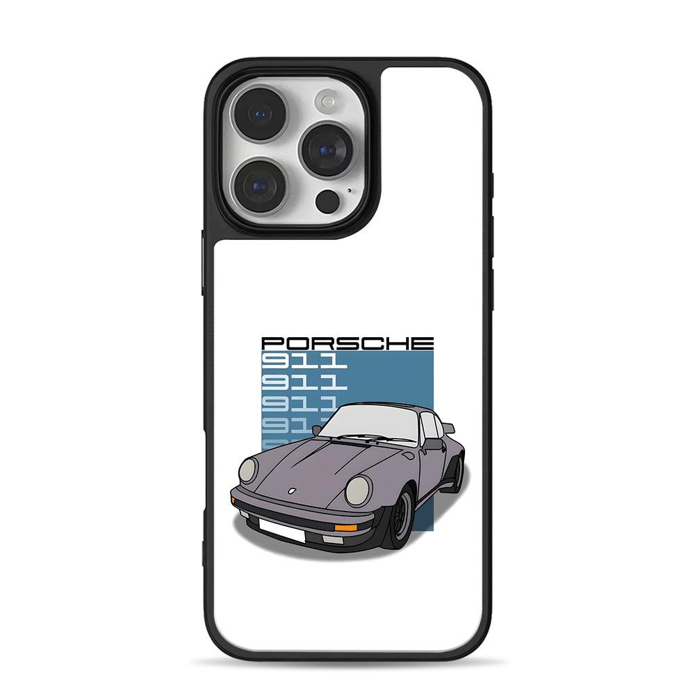 Cartoon grey Porsche 911 classic sport car print iPhone 16 Pro Max Black Case Cartoon grey Porsche 911 classic sport car print Phone Case for iPhone 11-17 & Samsung Galaxy S24-S26 - Image 1