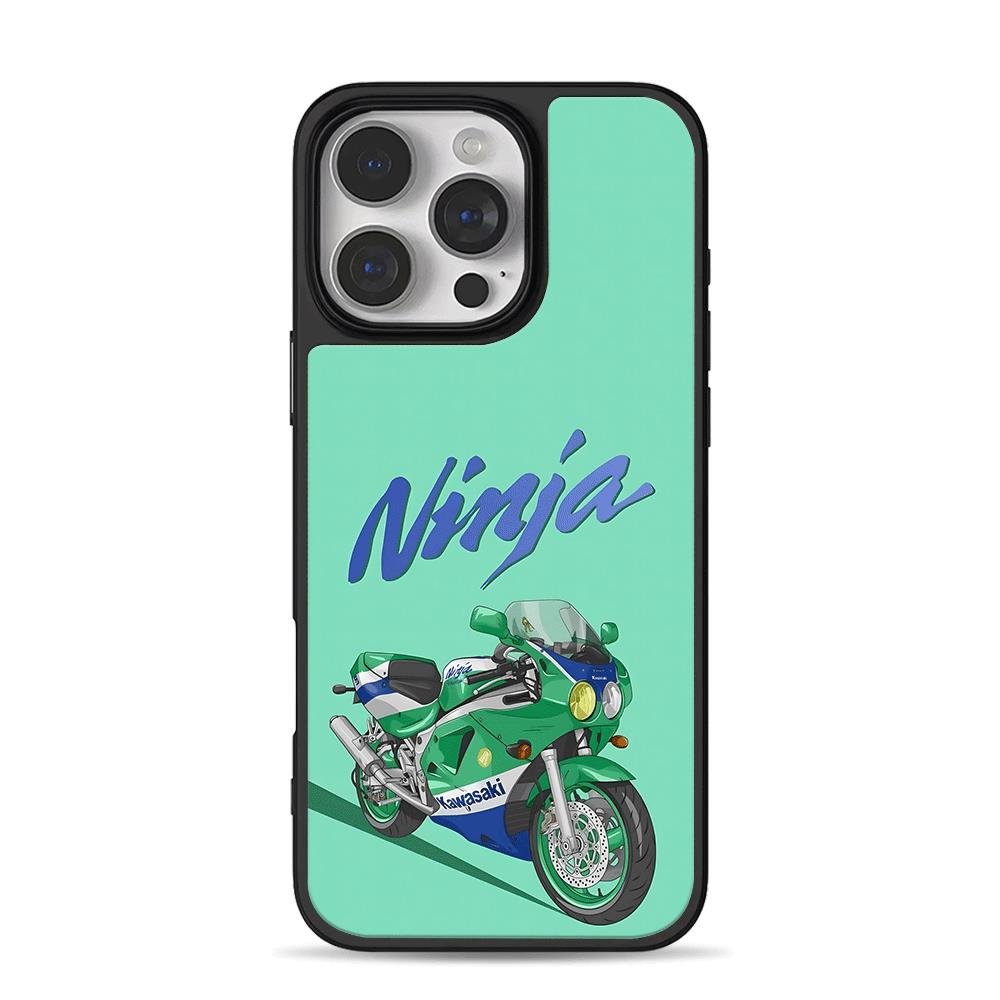 Cartoon Kawasaki Ninja bike on mint iPhone 16 Pro Max Black Case Cartoon Kawasaki Ninja bike on mint Phone Case for iPhone 11-17 & Samsung Galaxy S24-S26 - Image 1