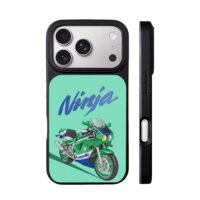 Cartoon Kawasaki Ninja bike on mint iPhone 17 Pro Max Black Case