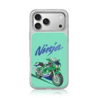 Cartoon Kawasaki Ninja bike on mint iPhone 17 Pro Max Electroplated Silver Case1