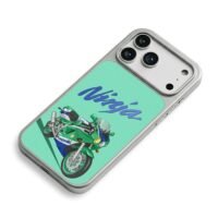 Cartoon Kawasaki Ninja bike on mint iPhone 17 Pro Max Electroplated Silver Case2
