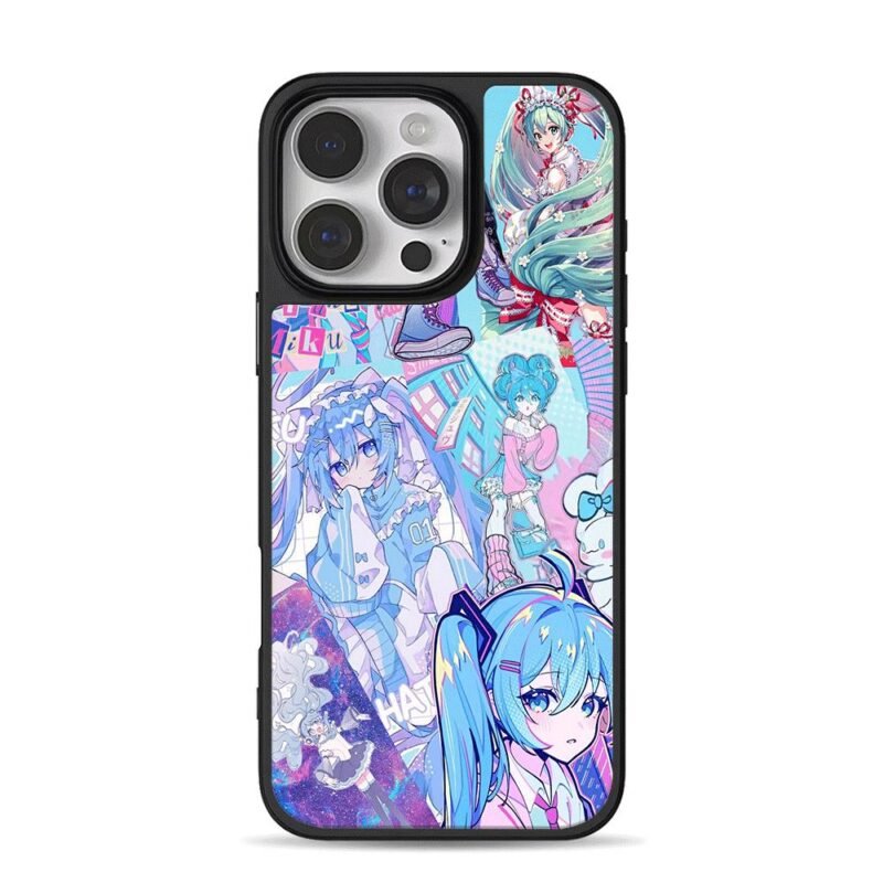 Collage of Hatsune Miku anime art iPhone 16 Pro Max Black Case