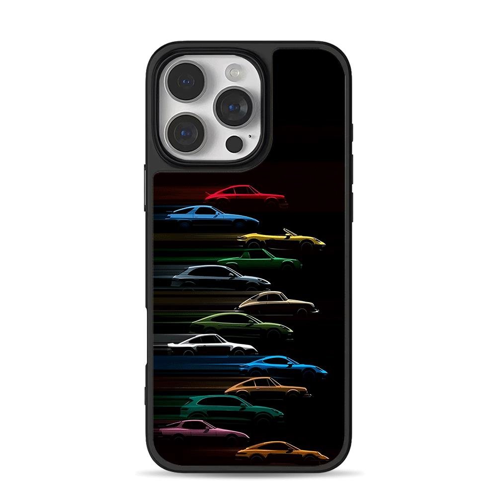 Colorful Porsche sports cars iPhone 16 Pro Max Black Case Colorful Porsche sports cars Phone Case for iPhone 11-17 & Samsung Galaxy S24-S26 - Image 1