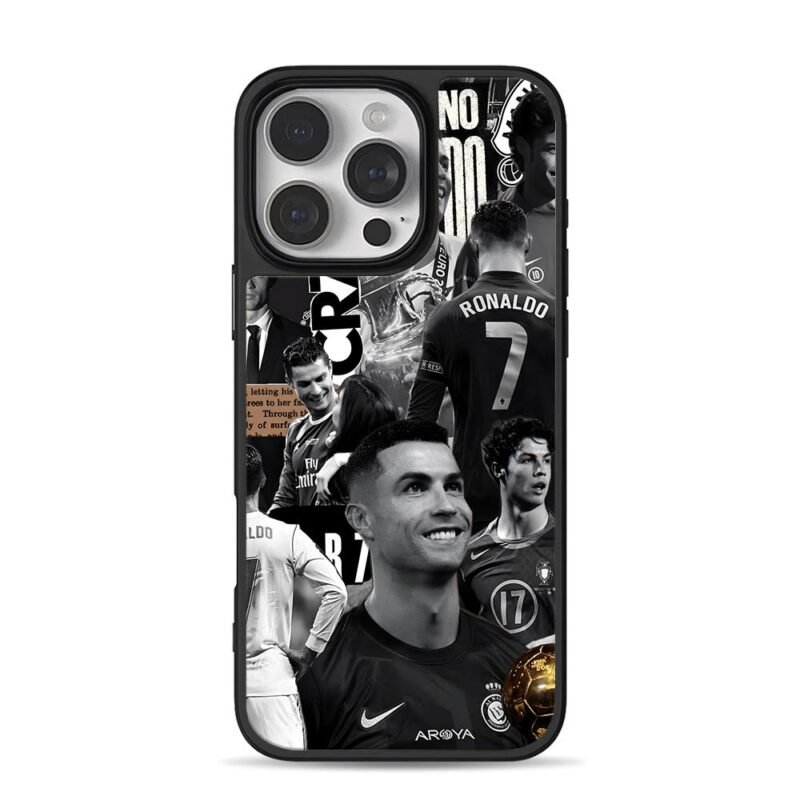 CR7 monochrome soccer collage iPhone 16 Pro Max Black Case