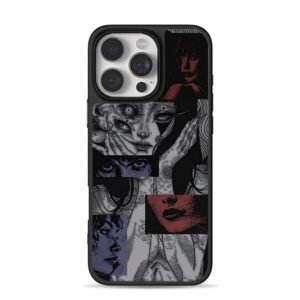 Creepy dark anime girl face collage iPhone 16 Pro Max Black Case