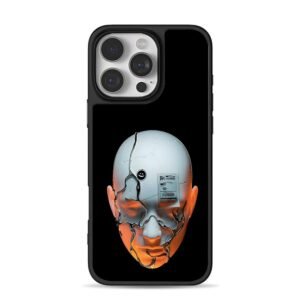 Cyberpunk cracked bald head with smiley and shipping label Phone Case for iPhone 11-17 & Samsung Galaxy S24-S26
