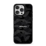 Dark geo camo with SQUAD text iPhone 16 Pro Max Black Case