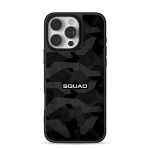 Dark geo camo with SQUAD text iPhone 16 Pro Max Black Case