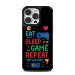 Eat Sleep Game Repeat Pacman Phone Case for iPhone 11-17 & Samsung Galaxy S24-S26