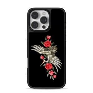 Embroidered crane red roses iPhone 16 Pro Max Black Case