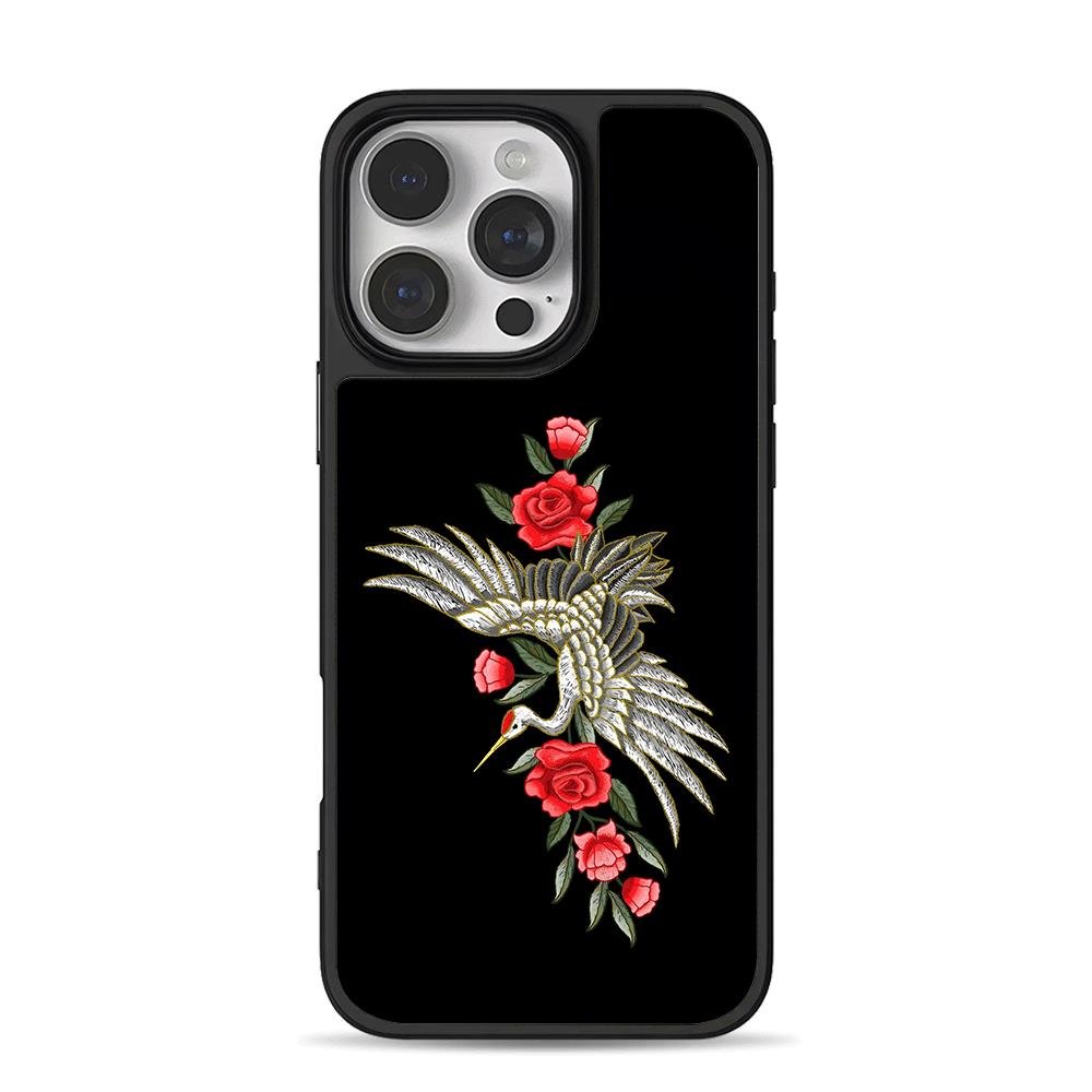 Embroidered crane red roses iPhone 16 Pro Max Black Case Embroidered crane red roses iPhone 16 Pro Max Black Case