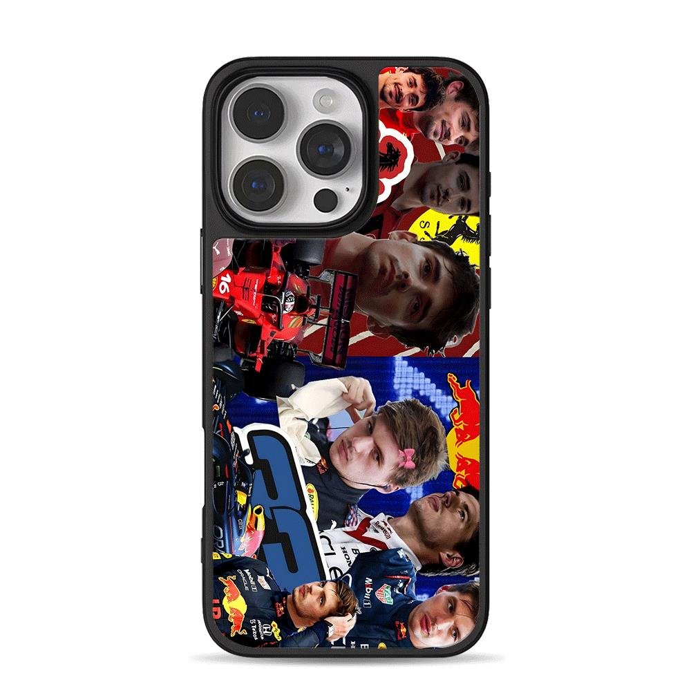 F1 Ferrari Red Bull Collage iPhone 16 Pro Max Black Case F1 Ferrari Red Bull Collage Phone Case for iPhone 11-17 & Samsung Galaxy S24-S26 - Image 1