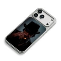 Gangster in fedora smoking cigar iPhone 17 Pro Max Electroplated Silver Case2