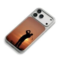 Golfer swinging sunset silhouette iPhone 17 Pro Max Electroplated Silver Case2