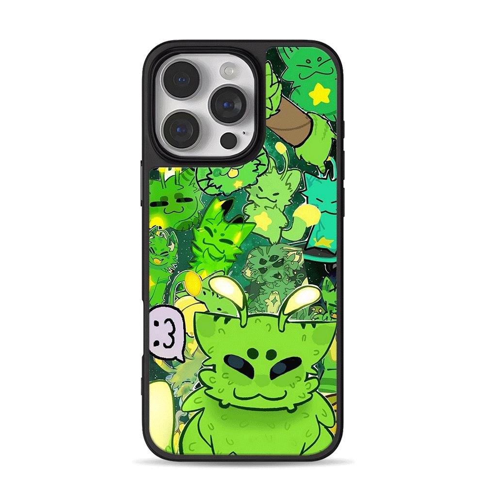 Green alien cat cartoon collage iPhone 16 Pro Max Black Case Green alien cat cartoon collage Phone Case for iPhone 11-17 & Samsung Galaxy S24-S26 - Image 1
